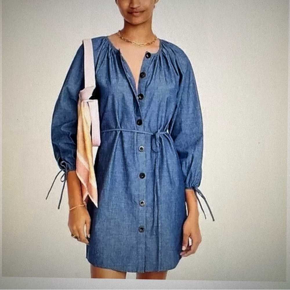 NWT: J.Crew : Tie-Sleeve Chambray Button-Down Dress : XS